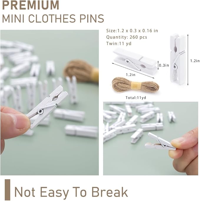 260Pcs White Mini Clothes Pins for Photos, Small Clothes Pins with Jute Twine