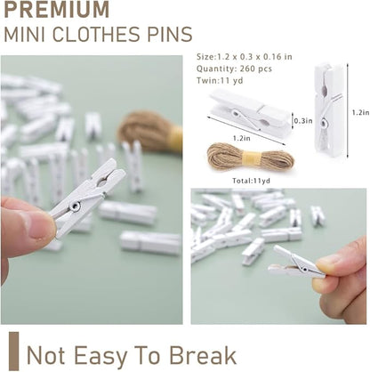 260Pcs White Mini Clothes Pins for Photos, Small Clothes Pins with Jute Twine