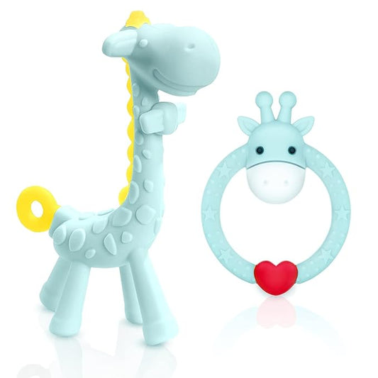 SHARE&CARE BPA Free Silicone Giraffe Baby Teether Toy with Storage Case, for 3 Months Above Infant Sore Gums Pain Relief and Baby Shower