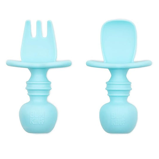 Bumkins Baby Utensils Set, Chewtensils Silicone Spoons for Dipping, Self-Feeding, Baby Led Weaning, Trainer Learning First Stage Eating, Soft Practice Fork and Spoon, Babies 6 Months, Blue