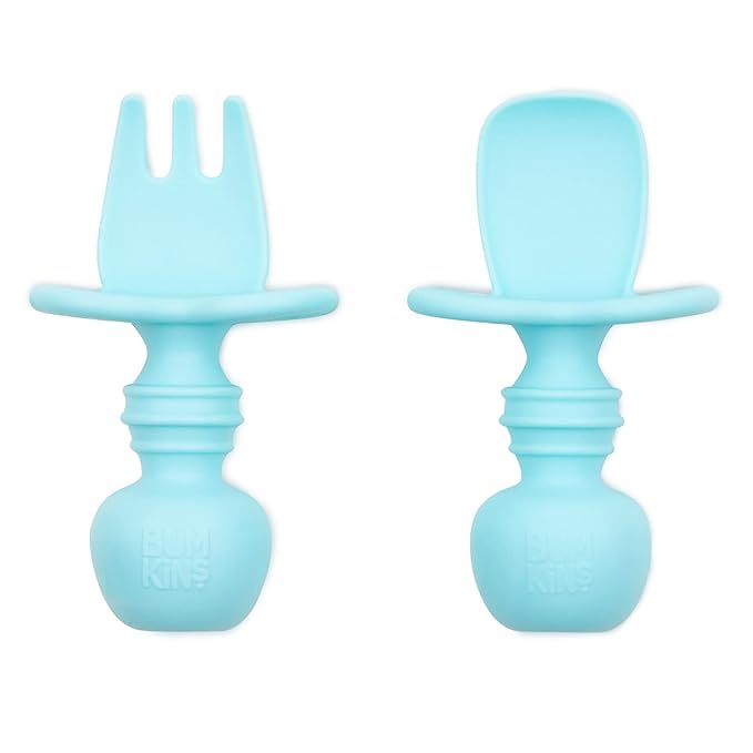 Bumkins Baby Utensils Set, Chewtensils Silicone Spoons for Dipping, Self-Feeding, Baby Led Weaning, Trainer Learning First Stage Eating, Soft Practice Fork and Spoon, Babies 6 Months, Blue