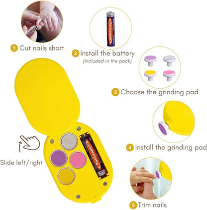 Electric Baby Nail File, Safe Electric Baby Nail Trimmer with Interchangeable Pads, Low Noise Newborn Nail File, Baby Nail Buffer and Nail Polish, Compact Nail Trimmer for Baby Grooming Kit