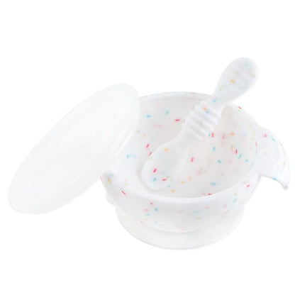 Bumkins Baby Bowls, Silicone Baby Feeding Set, Suction Bowls for Baby and Toddler with Spoon and Lid, First Feeding Set, Platinum Silicone Bowl for Babies 4 Months