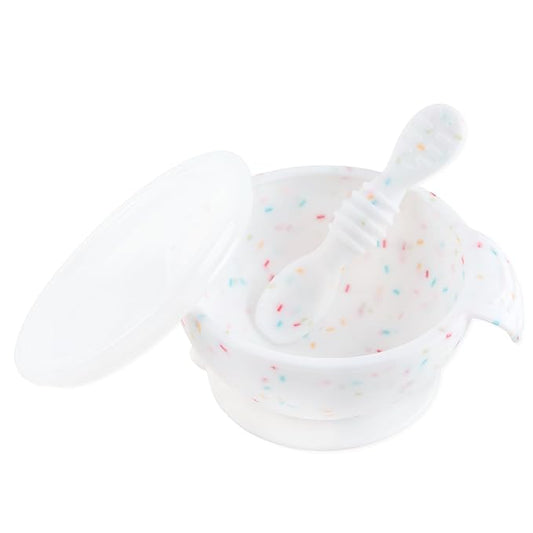 Bumkins Baby Bowls, Silicone Baby Feeding Set, Suction Bowls for Baby and Toddler with Spoon and Lid, First Feeding Set, Platinum Silicone Bowl for Babies 4 Months