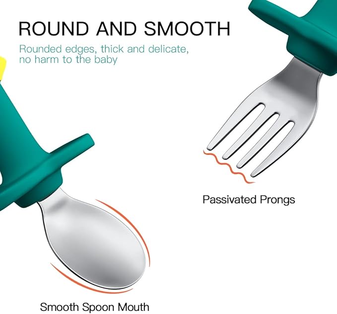 Baby Forks and Spoons Set Baby Training Utensils Self Feeding Toddler Silverware Silicone and Stainless Steel Kids and Toddler Utensil (Pink Dinosaur - Short)