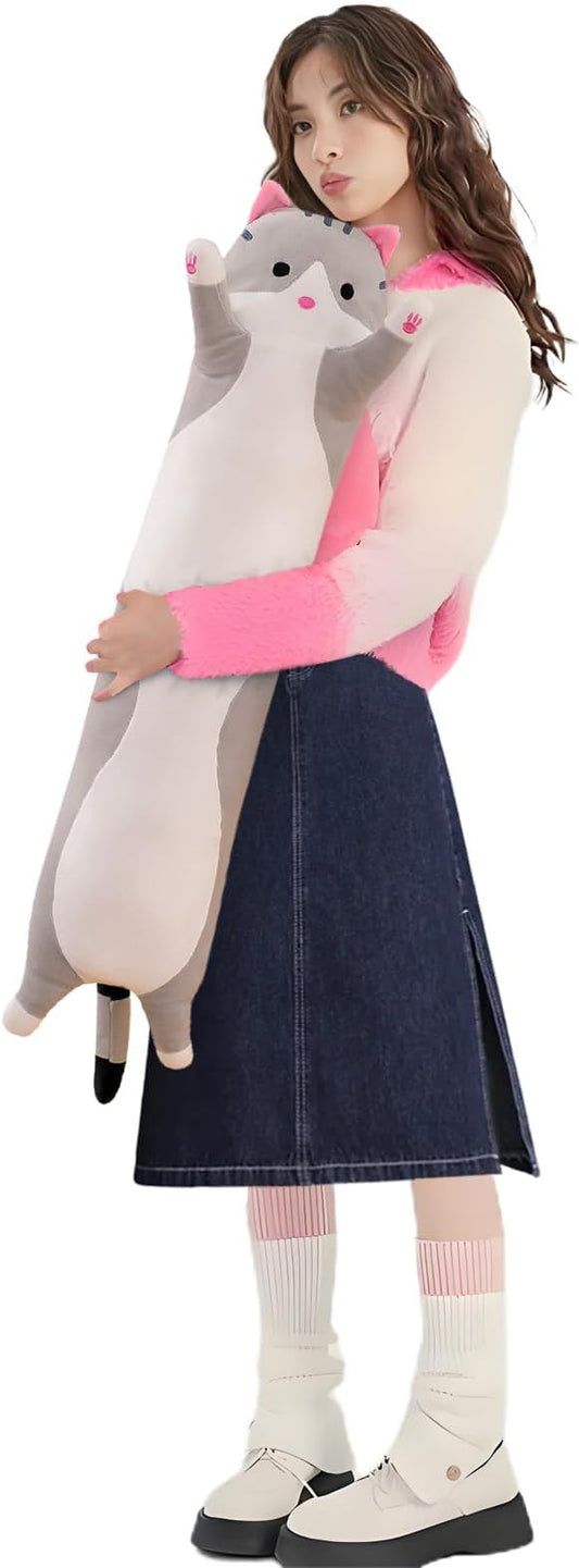 Lovely Plush Cat Doll Cute Cartoon Soft Stuffed Kitten Long (Grey,90cm/35.4in)