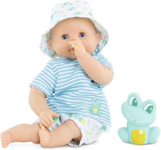 Corolle Bebe Bath Marin Baby Doll - 12" Soft-Body with Rubber Frog Toy, Safe for Water Play in Bathtub or Pool 18 Months