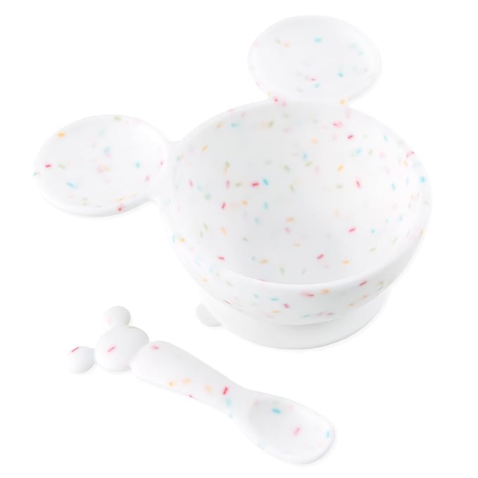Bumkins Disney Baby Bowl, Silicone Feeding Set with Suction for Baby and Toddler, Includes Spoon, First Feeding Set, Essentials for Baby Led Weaning, Babies Eating 4 Months Up, Mickey Mouse Vanilla
