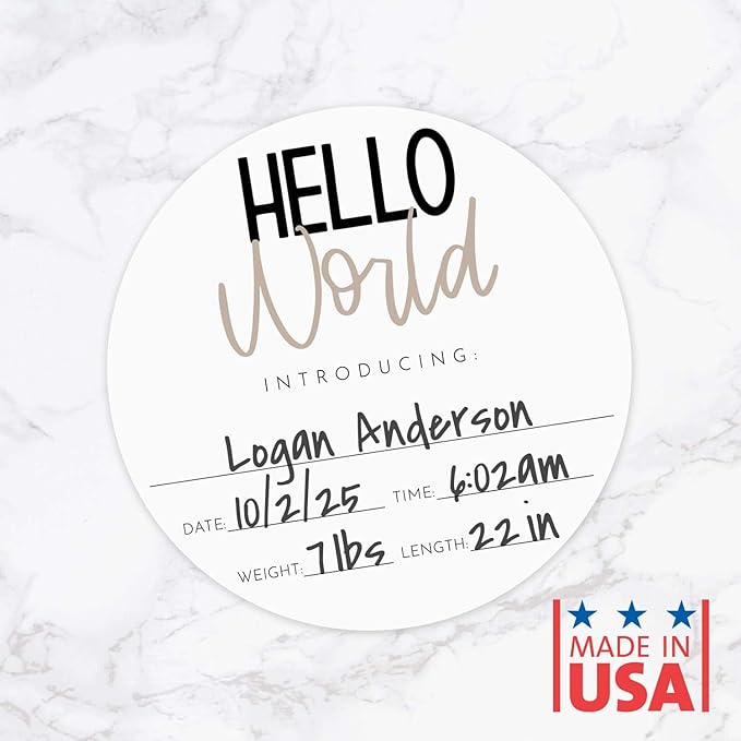 Neutral Hello World Newborn Announcement Sign / 10" Round Dry