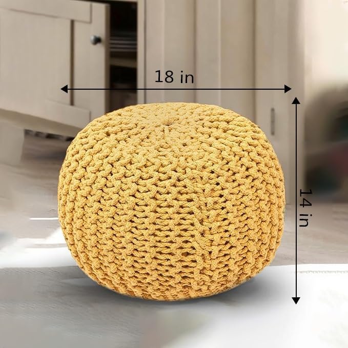 The Home Talk Poufs Boho Rustic Décor Ottoman 100% Cotton Foot Stool for Couch, Armchair, Bean Bag - Hand Knitted Braid Cord for Living Room, Bedroom, Floor Cushion, 18"x18"x14" - Yellow