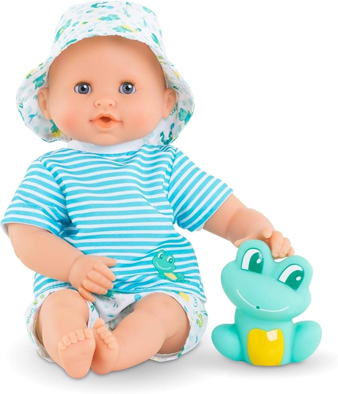 Corolle Bebe Bath Marin Baby Doll - 12" Soft-Body with Rubber Frog Toy, Safe for Water Play in Bathtub or Pool 18 Months