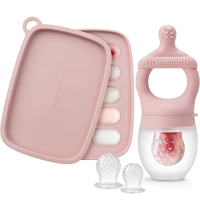 SAMiGO Baby Food Fruit Feeder and Breastmilk Popsicle Mold Set, Silicone Fruit Teether 4 Months+