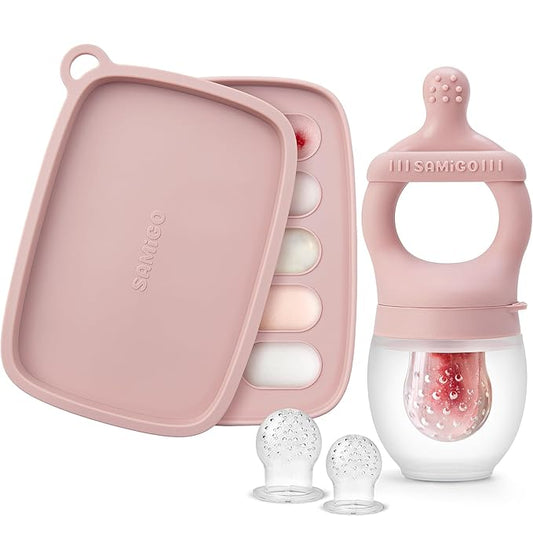 SAMiGO Baby Food Fruit Feeder and Breastmilk Popsicle Mold Set, Silicone Fruit Teether 4 Months+