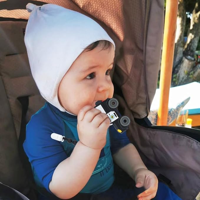 Baby Construction Vehicles Teething Toys,Food Grade Silicone Teether with One-piece Pacifier Clip Holder 3 Months+