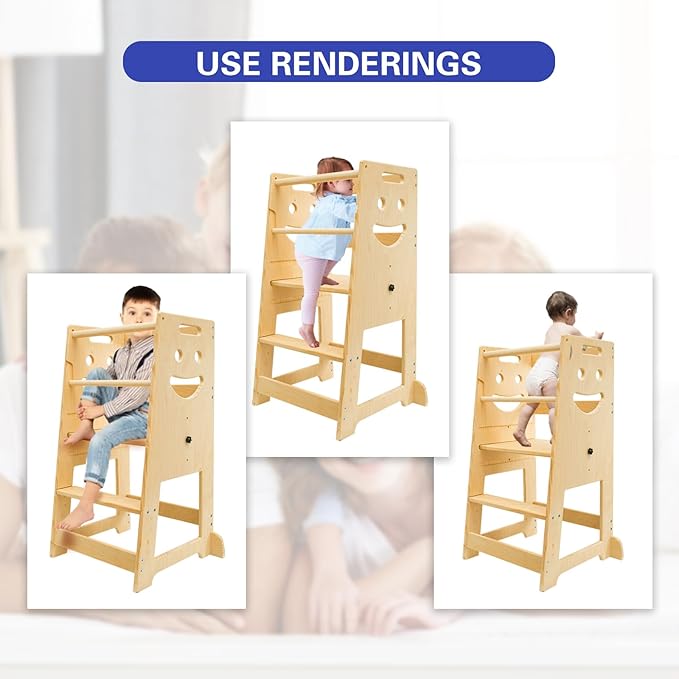 Kitchen Step Stool for Kids with Safety Rail,Toddler Stool for Kitchen Counter with Adjustable Pedal Toddler Kitchen Stool Helper