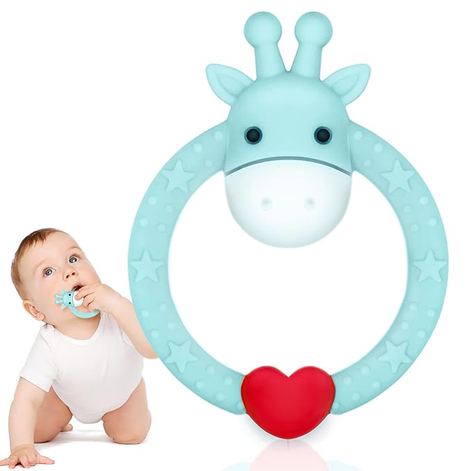 SHARE&CARE BPA Free Silicone Giraffe Baby Teether Toy with Storage Case, for 3 Months Above Infant Sore Gums Pain Relief and Baby Shower