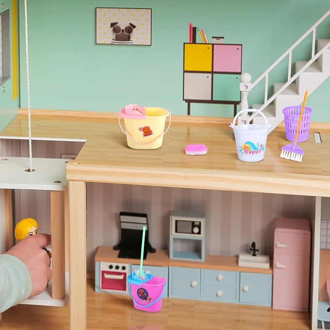 22 Pieces Miniature Bucket Doll Housework Cleaning Supplies Mini Dollhouse Accessories Mop Dustpan, Brush