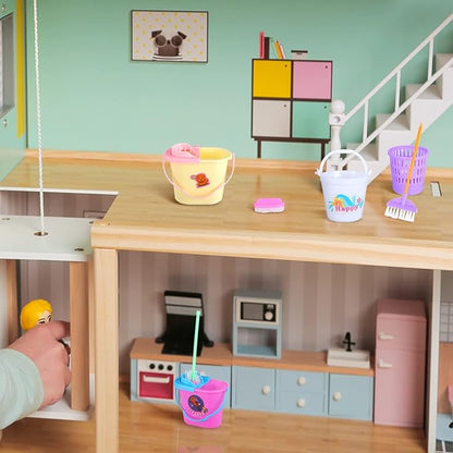 22 Pieces Miniature Bucket Doll Housework Cleaning Supplies Mini Dollhouse Accessories Mop Dustpan, Brush