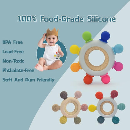 Baby Teething Toys-Silicone Boat Rudder Baby Teether Toys,Removable Wooden Ring 0-24 Months’╝?