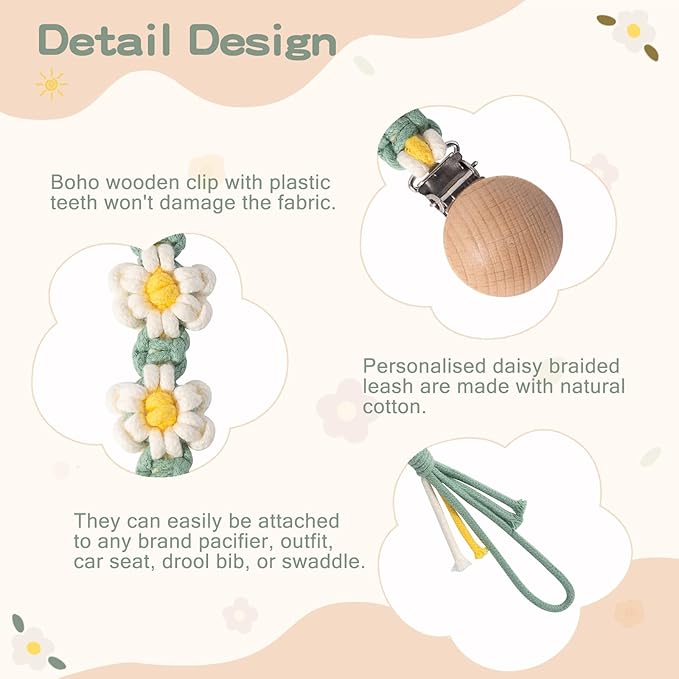 Pacifier Clip for Boys Girls Floral Daisy Macrame Paci Clip