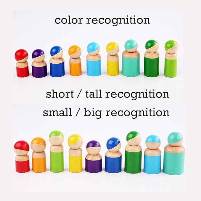 Montessori Toys for Toddlers, Wooden Rainbow Peg Dolls Shapes Sorting Toys 9 Wood