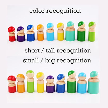 Montessori Toys for Toddlers, Wooden Rainbow Peg Dolls Shapes Sorting Toys 9 Wood