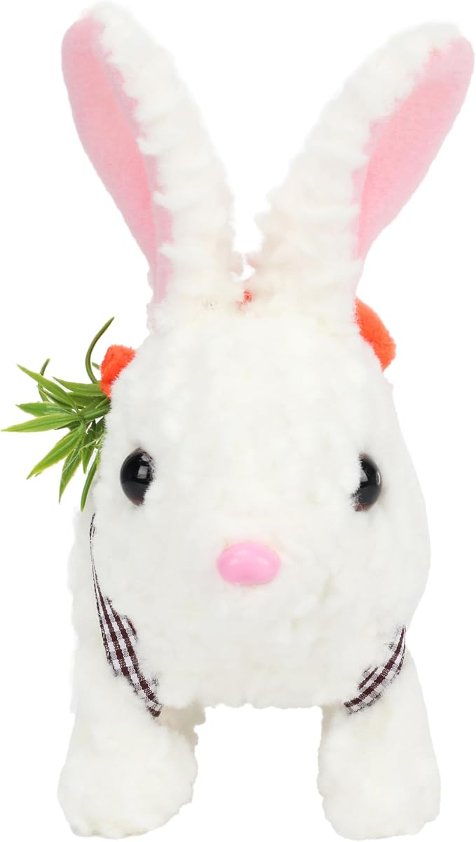Hopearl Hopping Rabbit with LED Ears Carrot Backpack Interactive Plush Bunny Toy with Sounds Animated Walking Wiggle Light up Ears Twitch Nose Gift for Toddlers, White 7''
