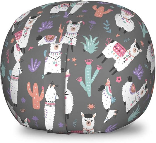 Lunarable Alpaca Storage Toy Bag Chair, Happy Cartoon Illustration of in Ornaments and Motifs Traditional, Stuffed Animal Organizer Washable Bag, Small Size, Grey White