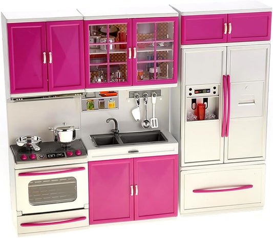 PowerTRC Doll Kitchen Play Set, Mini Modern Toy Kitchen Pretend Play Furnitures Toy Set Accessories Set with Realistic Light & Sound for Kids Toddlers Girls (3-in-1)