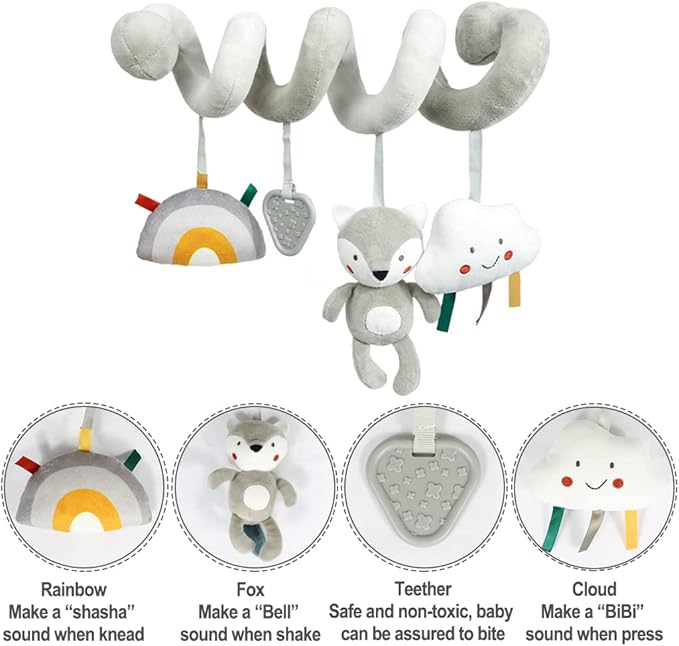 Baby Car Seat Toys, Activity Spiral Plush Hanging Wrap Around Pram Pushchair Stroller Toys, Sensory Early Education Toy for Toddler, Grey Fox