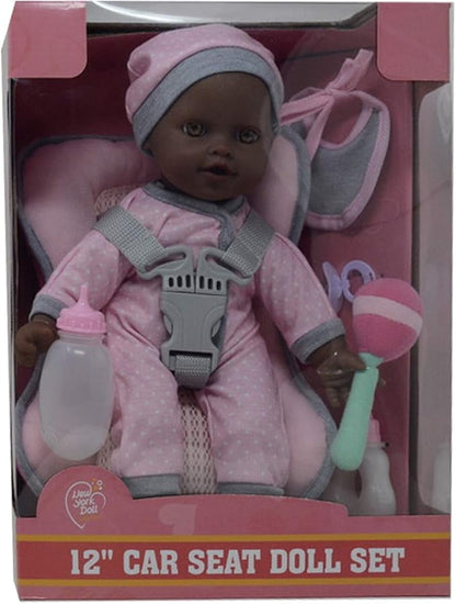African American Doll Travel PlaySet - Baby Doll Car Seat 12 Inch