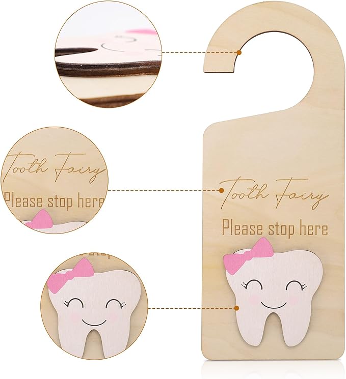 Cute Wooden Tooth Fairy Door Hanger with Money Holder, Comforting Kids with Lost Tooth