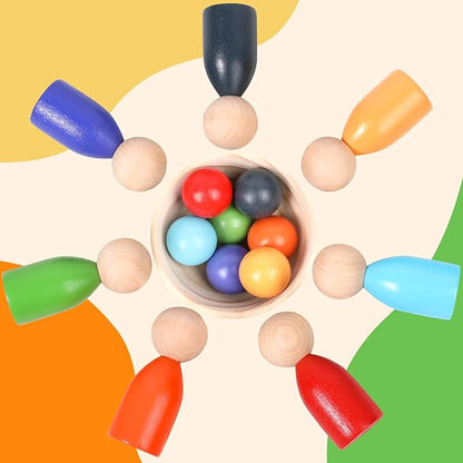 Montessori Balls in Cups Wooden Peg Dolls in Cups, Toddler Color Sorting Toys and Matching Game