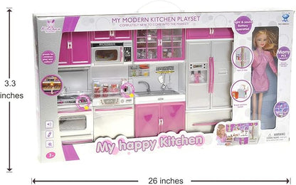 PowerTRC Doll Kitchen Play Set, Mini Modern Toy Pink Kitchen Pretend Furnitures Toy Set Accessories Set with Realistic Light & Sound for Kids Toddlers Girls (4-in-1 w/ 11.5” Doll)