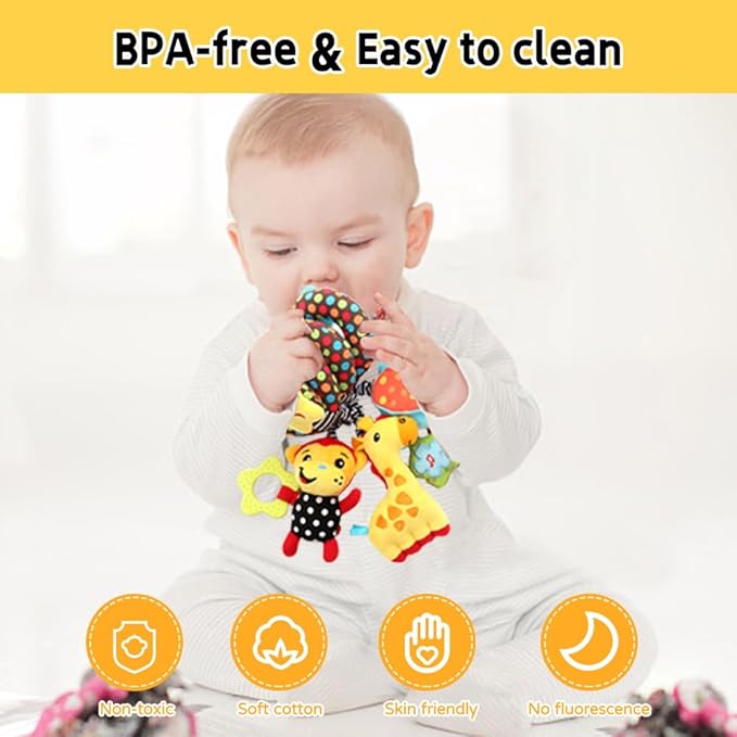 Car Seat Toys, Stroller Toy Baby Spiral Hanging Toys for Sensory Exploration, 0-12 Months Newborn Toys for Car Seat Stroller Crib Bassinet Mobile with Music Box BB Squeaker Rattles