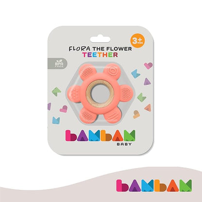 BAMBAM Baby Premium Silicone Teething Ring Toy – 100% BPA Free, Child Safety Tested, for Baby & Infant 0-6, 3-6 and 6-12 Months Teether Toys – Flora The Flower (Apricot Splash)