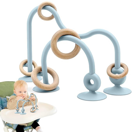 Baby Sensory Teething Chew High Chair Suction Toys for Infant Toddlers 6 12 18 24 Months, Food Grade Silicone Teether with Oak Loop Montessori Educational Parent-Child Baby Bath Toy (Blue)