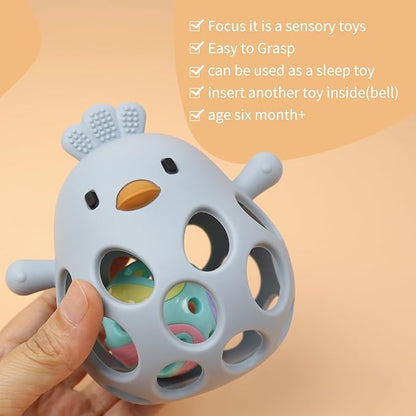 Baby Sensory 4-Piece Teething Toy Set: Hollow Chicken Teether, Mittens 6-Months (Blue/Beige)