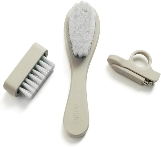 nouka Baby Care Kit Set | Ultra-Soft Natural Bristle Hair Brush, Nail Clippers & Nail Brush | Wood with Silicone Sleeve | Shifting Sand