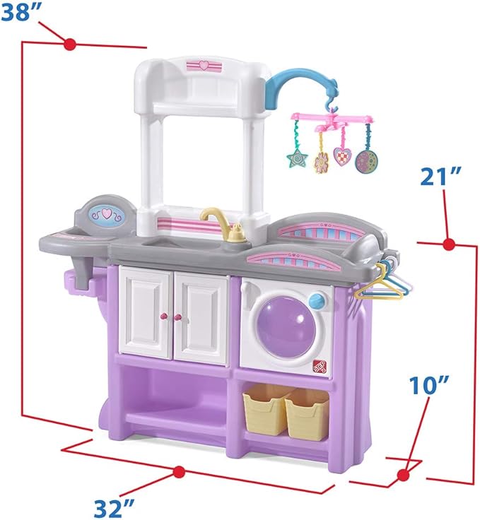 Step2 Love & Care Deluxe Baby Doll Nursery Playset for Kids, Compact Changing Station & Crib, Made of Durable Plastic, Includes Toy Accessories, For Toddlers 2-6 Years Old, Lavender