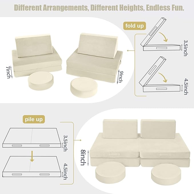 MeMoreCool Modular Kids Play Couch, Beige Foam Sofa and Fort Explorer Building Set for Toddlers and Playroom
