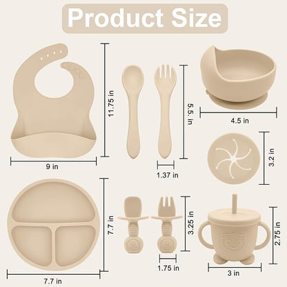 Silicone Baby Feeding Set | Baby Led Weaning Supplies Includes Suction Bowls and Divided Plates, Adjustable Bib, Baby Utensils Spoons and Forks,Cup | Baby Feeding Essentials (Beige)