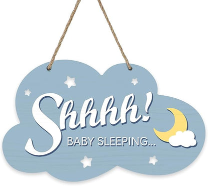 Shhhh Baby Sleeping Front Door Sign, Blue Cloud Wood Door Hanger Outdoor Outside Porch Nursery Decor