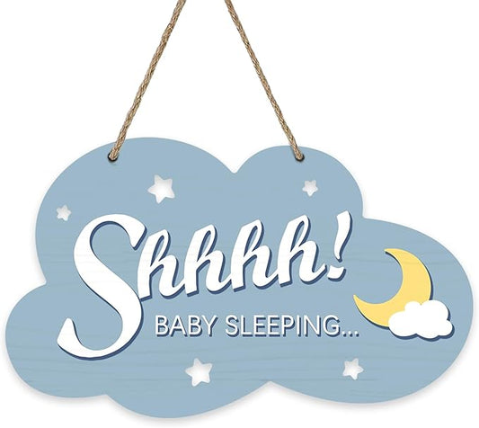 Shhhh Baby Sleeping Front Door Sign, Blue Cloud Wood Door Hanger Outdoor Outside Porch Nursery Decor