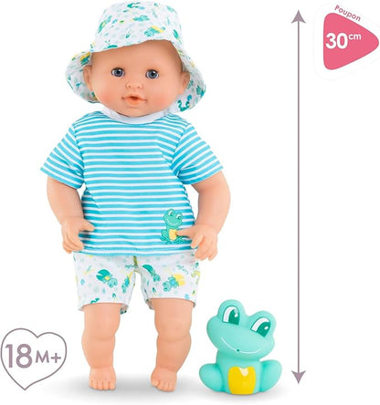 Corolle Bebe Bath Marin Baby Doll - 12" Soft-Body with Rubber Frog Toy, Safe for Water Play in Bathtub or Pool 18 Months