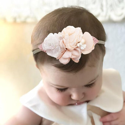 Delicate Floral Headbands Set for Girls - 3pcs Elastic Nylon Pearl Hair Bands, Soft & Stretchy Accessories for Infants