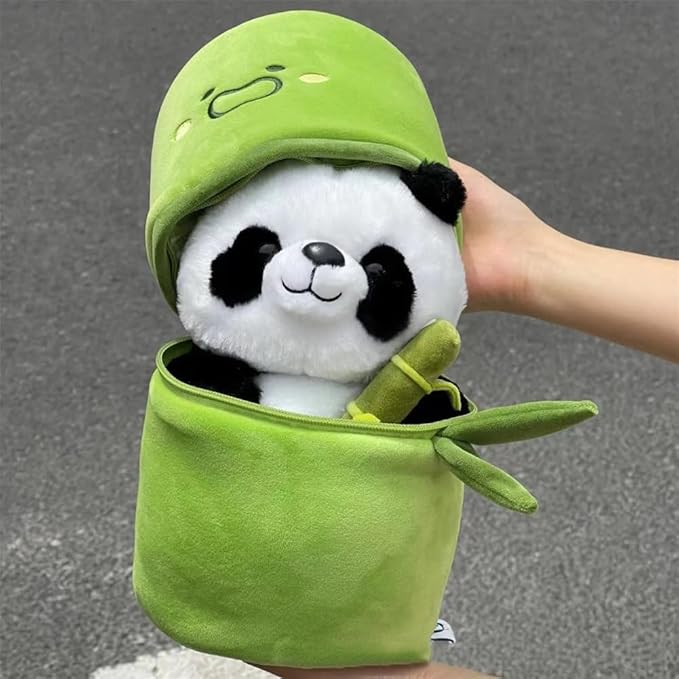 Cute Panda Plush Toy with Bamboo Cover, Bamboo Tube Panda Plush Toy, Kawaii Panda Stuffed Toys, Animal Panda Plush Doll Pillow Toys for Kids Funny Birthday Gift (9.8in)