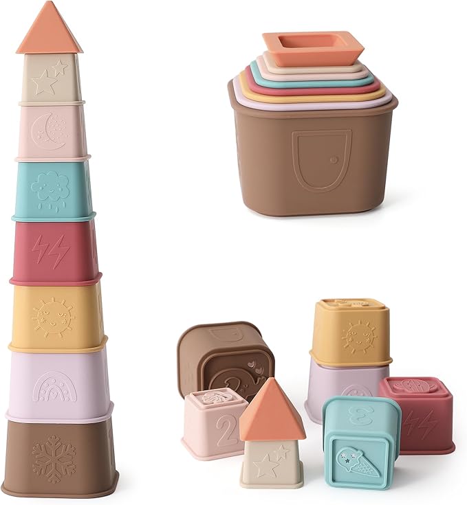 Baby Stacking Cups Toy, Silicone Stacking Tower 6 Months+, 8 Pcs