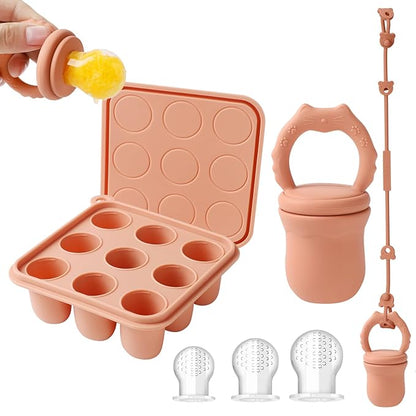 Baby Fruit Food Feeder Teether & Baby Food Freezer Tray Combo, Teething Popsicle Molds for Babies 4-6 12 Months