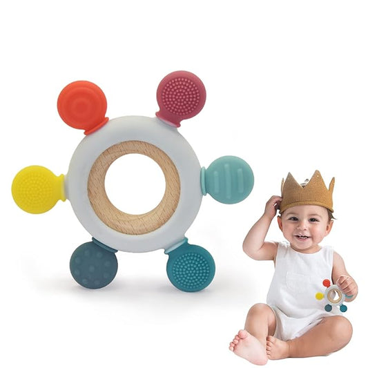 Baby Teething Toys-Silicone Boat Rudder Baby Teether Toys,Removable Wooden Ring 0-24 Months’╝?
